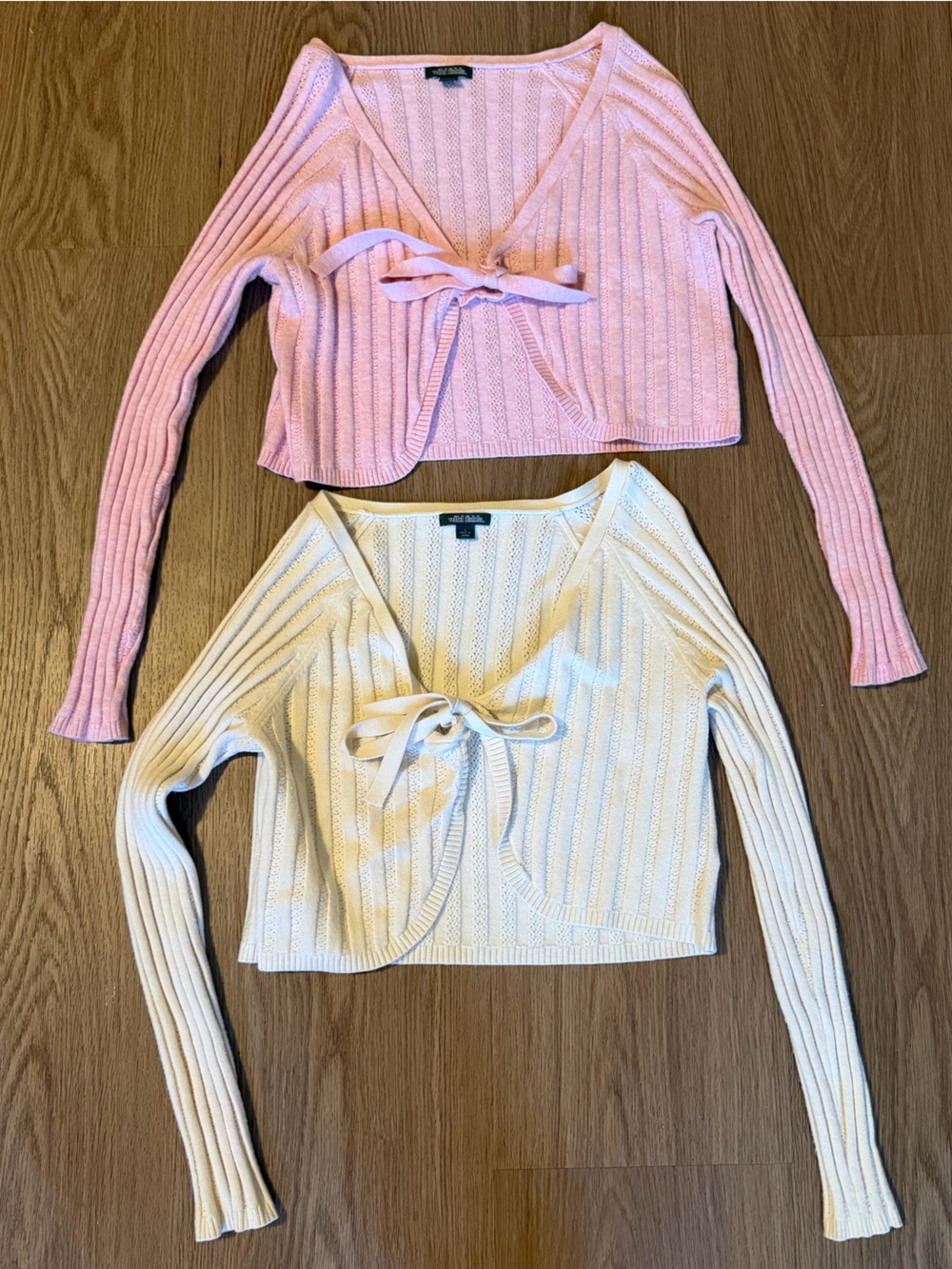 Set of Ribbed Tie-Front Crop Tops — White & Pastel Pink